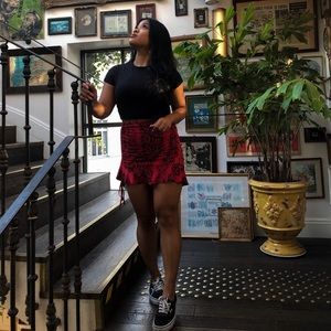 Red Slinky Snake Print Ruched Side Mini Skirt